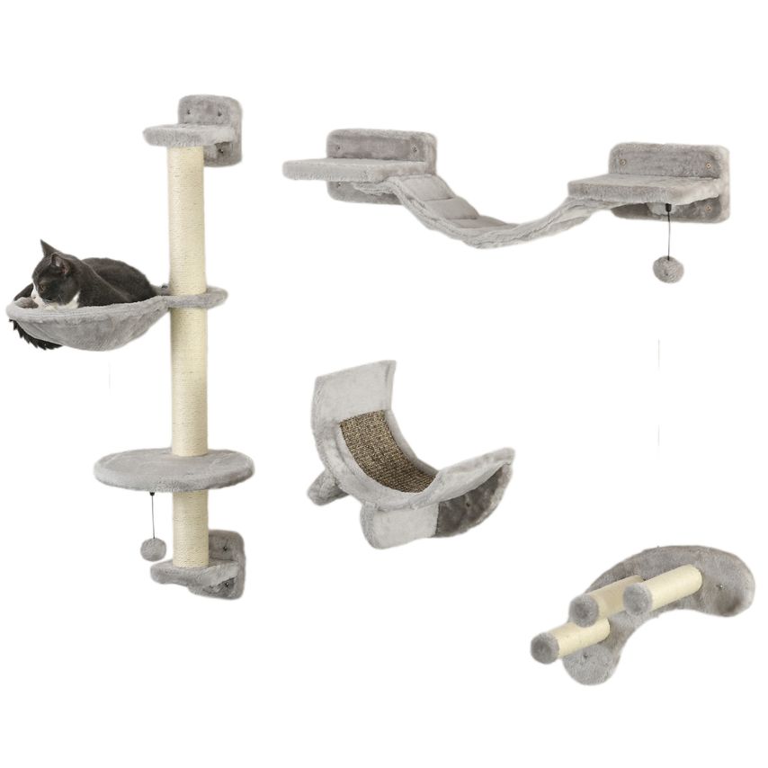 Four-Piece Cat Wall Furniture with Hammock Ladder Platforms Steps - Grey - D30-729V80GY
