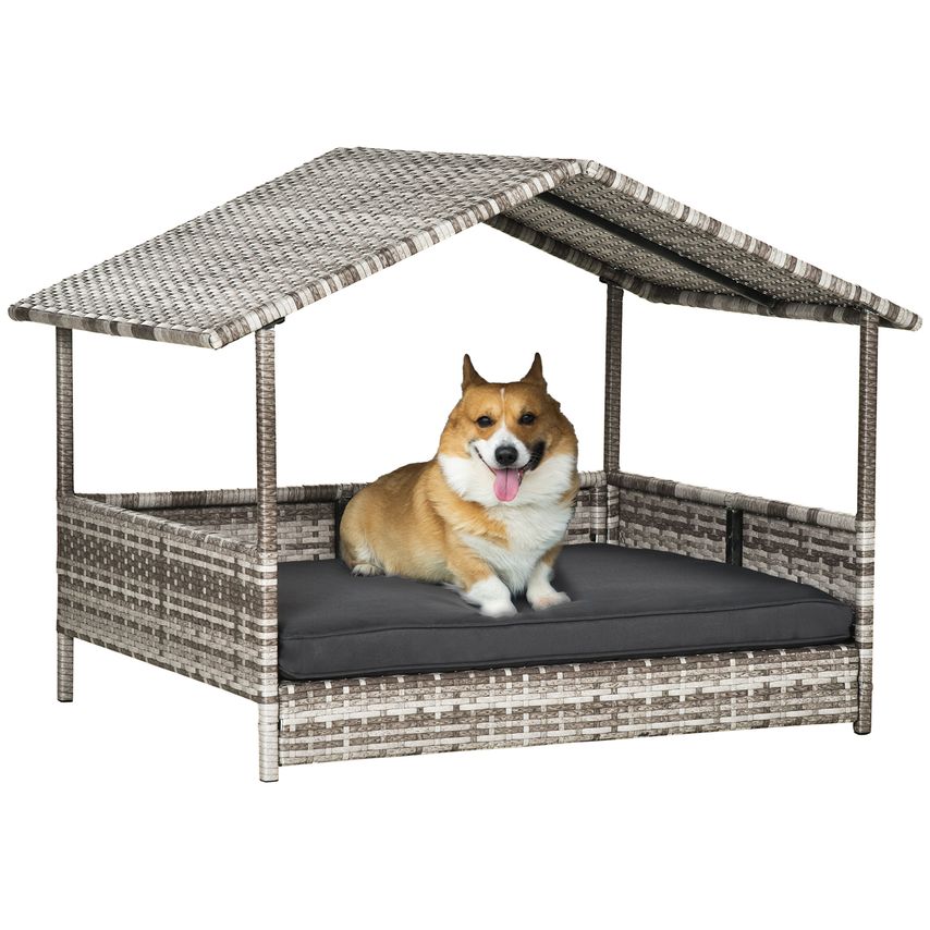 Wicker Dog House Rattan Pet Bed with Soft Cushion - Dark Grey - D02-029V70CG