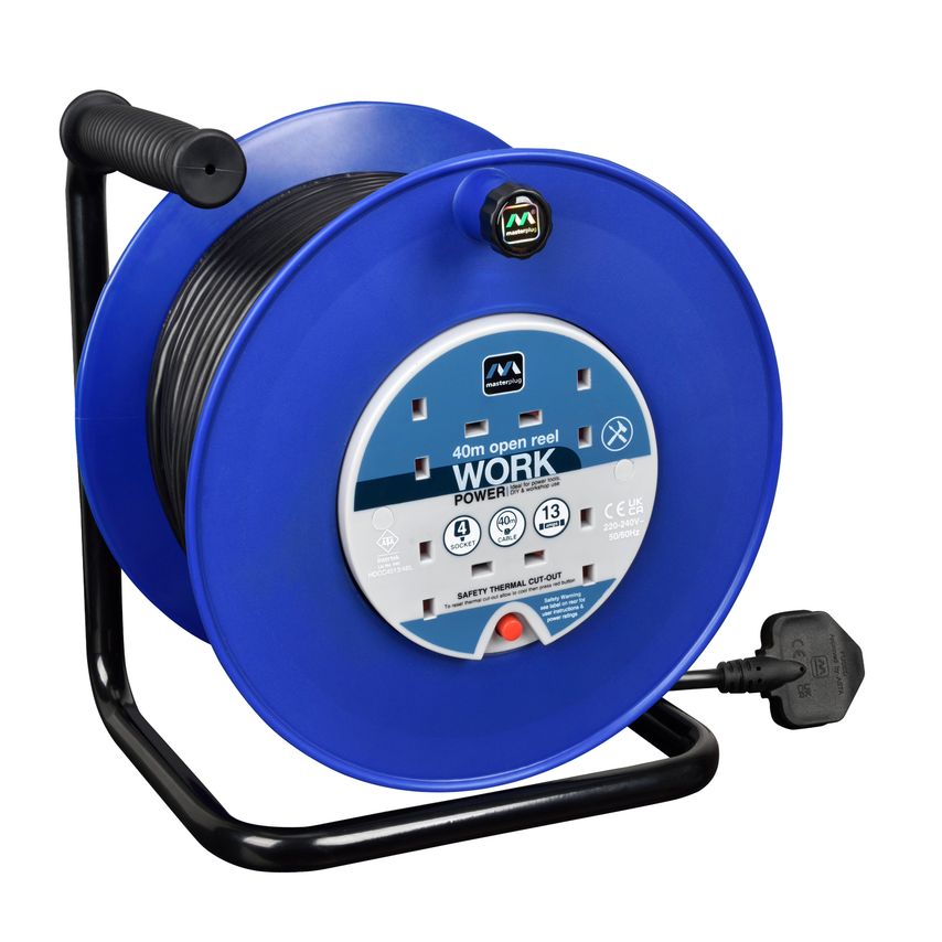 4 Socket 40m 13A Heavy Duty Open Cable Reel - Blue