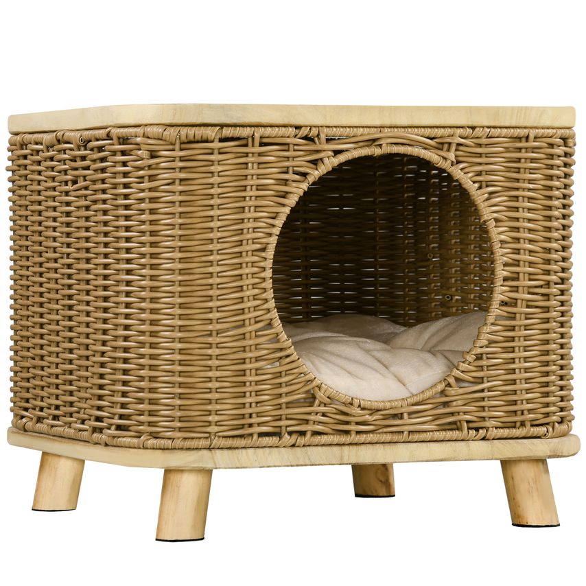 Elevated Design Wicker Cat House with Washable Cushion - Light Brown