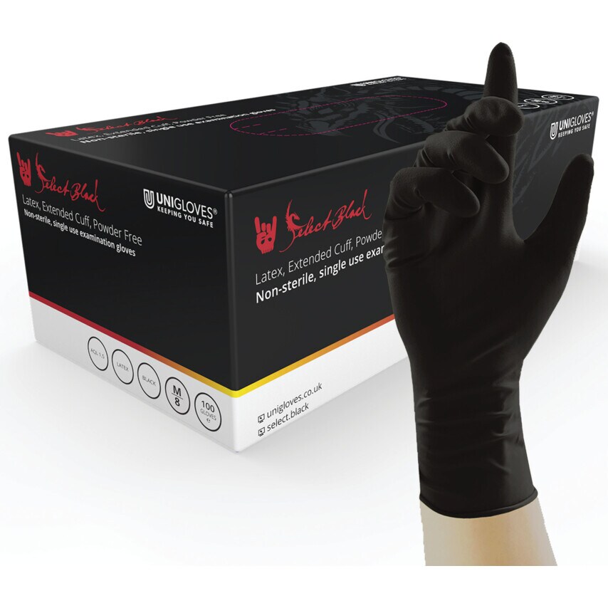 Select Black Latex Extended Cuff Extended Cuff Gloves 10X100 Size Medium
