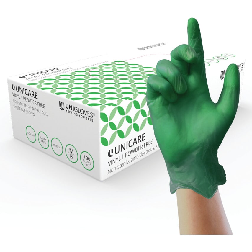 Unicare Green Vinyl Green Vinyl Gloves 10X100 Size Medium