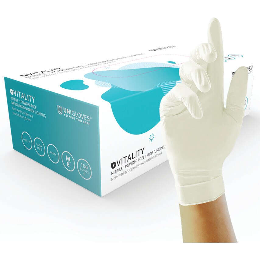 Vitality Nitrile Moisturising White Nitrile Gloves 10X100 Size Medium