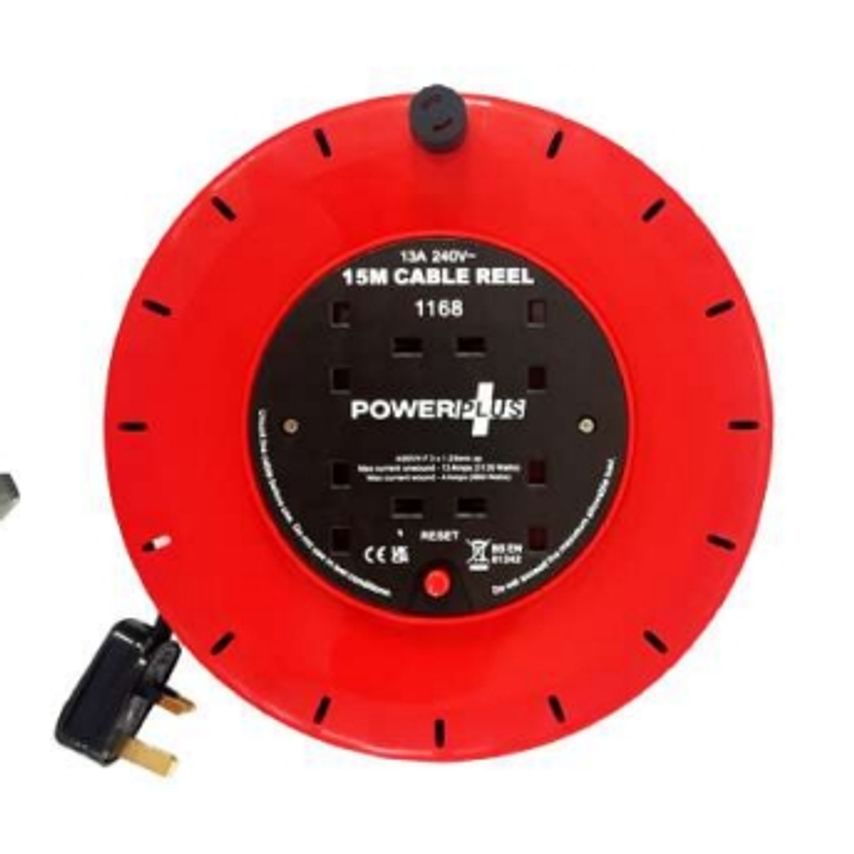 13A 15 Metre Cable Extension Lead Reel With 4 Socket Outlets